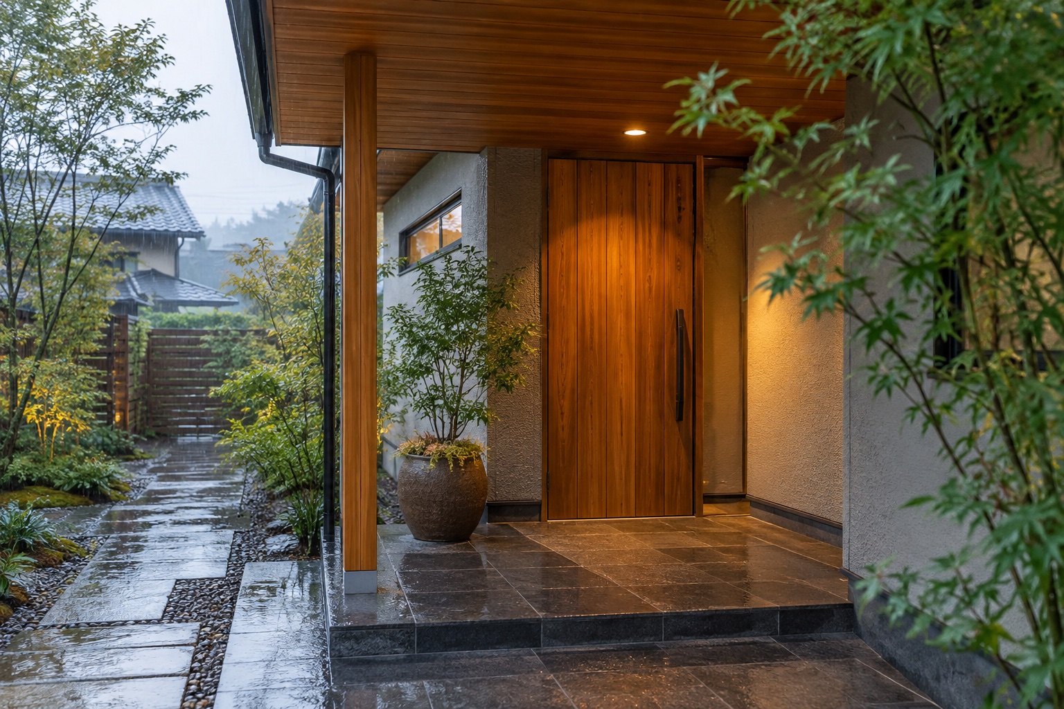 雨を受け止める屋根付き玄関の参考イメージ