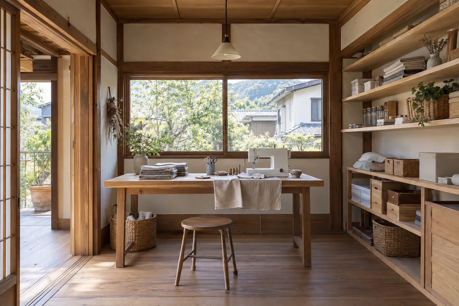ミシンと木製作業台を備えた明るい手仕事の部屋の参考イメージ