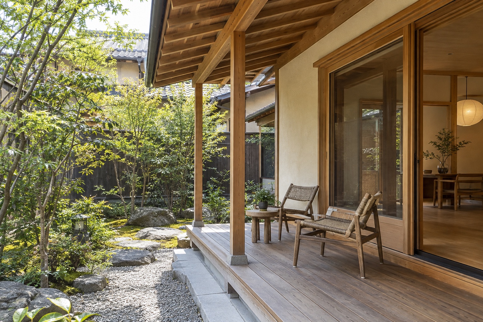 緑の庭へつながる屋根付きの木製デッキの参考イメージ