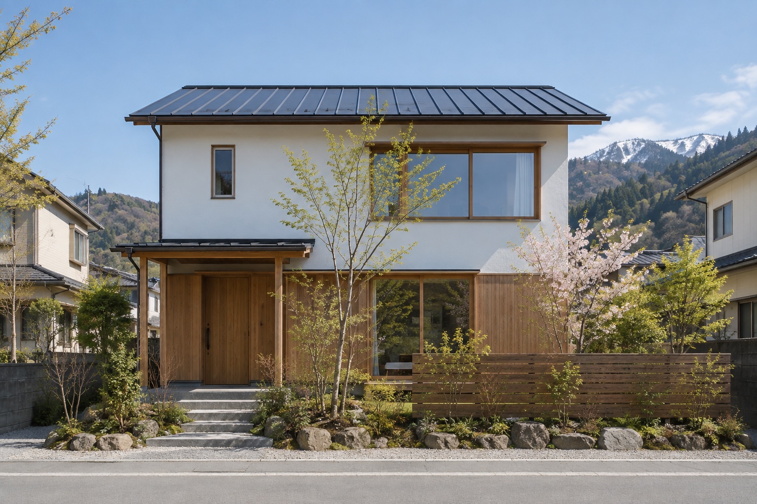 杉板と白い外壁の二階建て住宅の参考イメージ