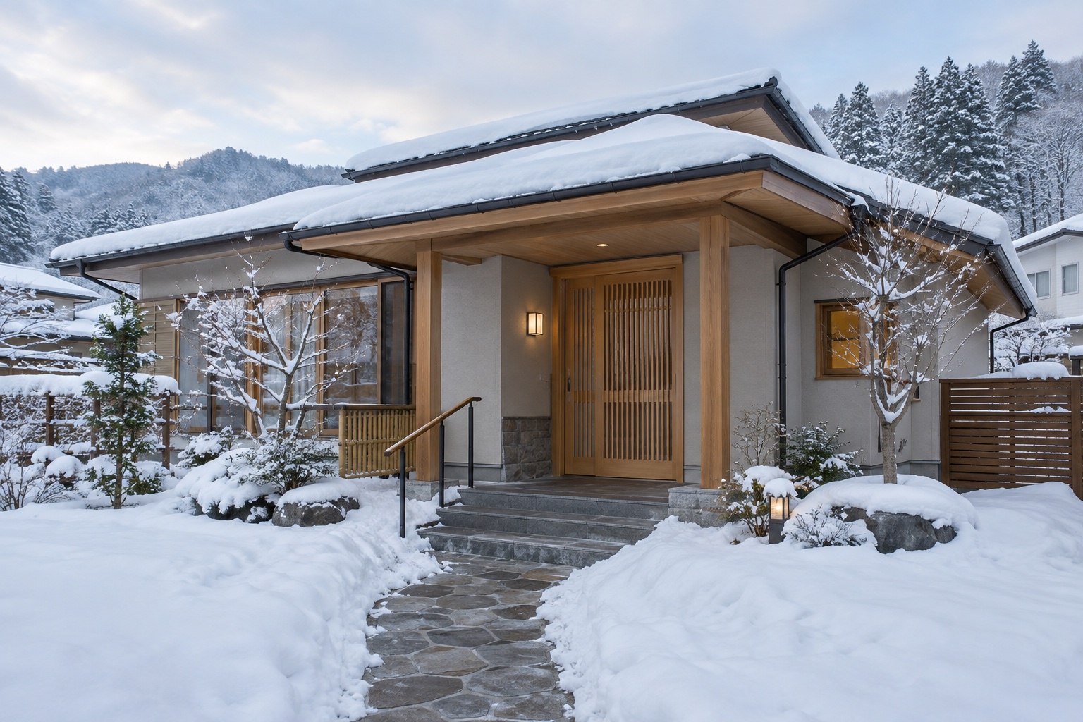 雪景色と屋根付き玄関の参考イメージ