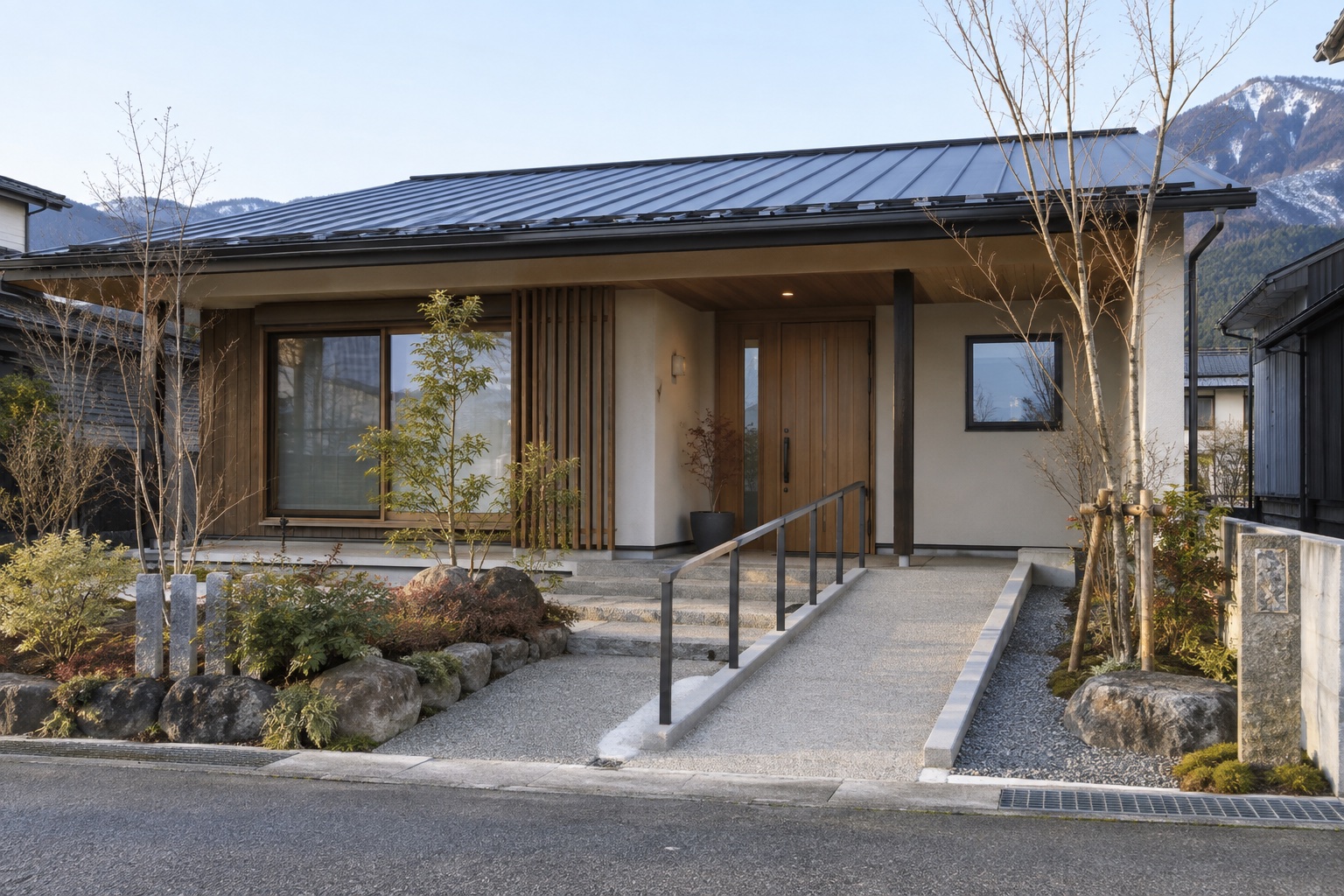 スロープと手すりのある平屋の玄関の参考イメージ
